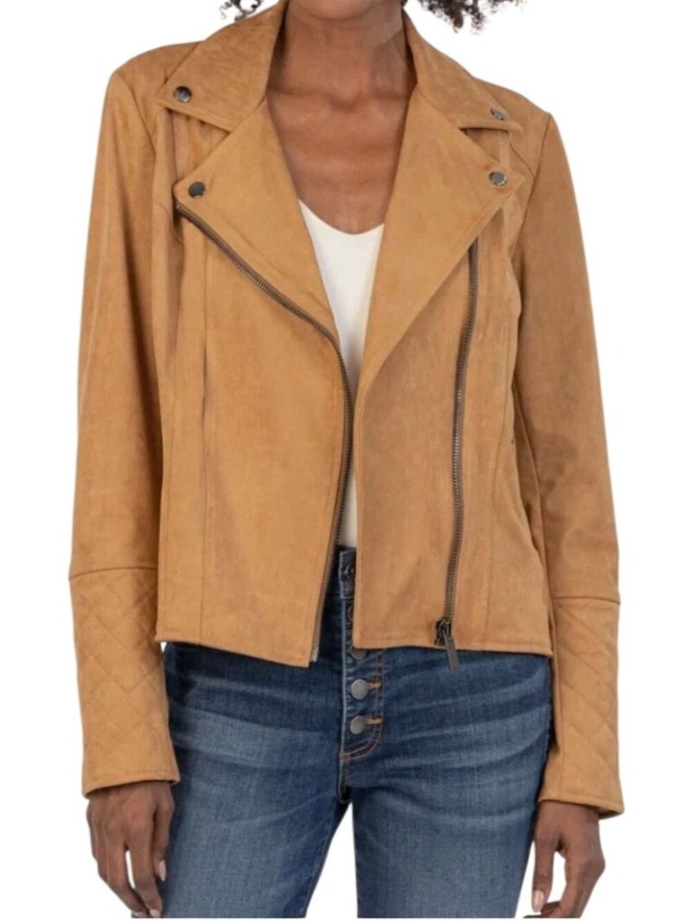 KUT from the Kloth Marlowe Faux Suede Moto Jacket Brown Tan XL Coat Zip Biker - Picture 10 of 13